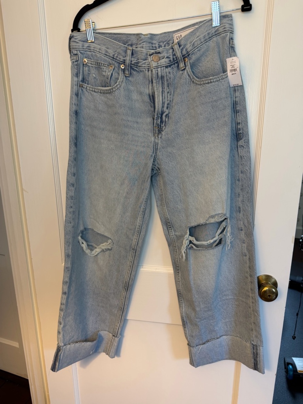 Gap NWT High Rise Straight Jeans Light Blue Distressed Cuffed Cotton Women Sz 6